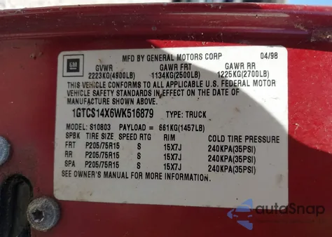 1998 GMC Sonoma Sl из США, поврежденный, VIN 1GTCS14X6WK516879